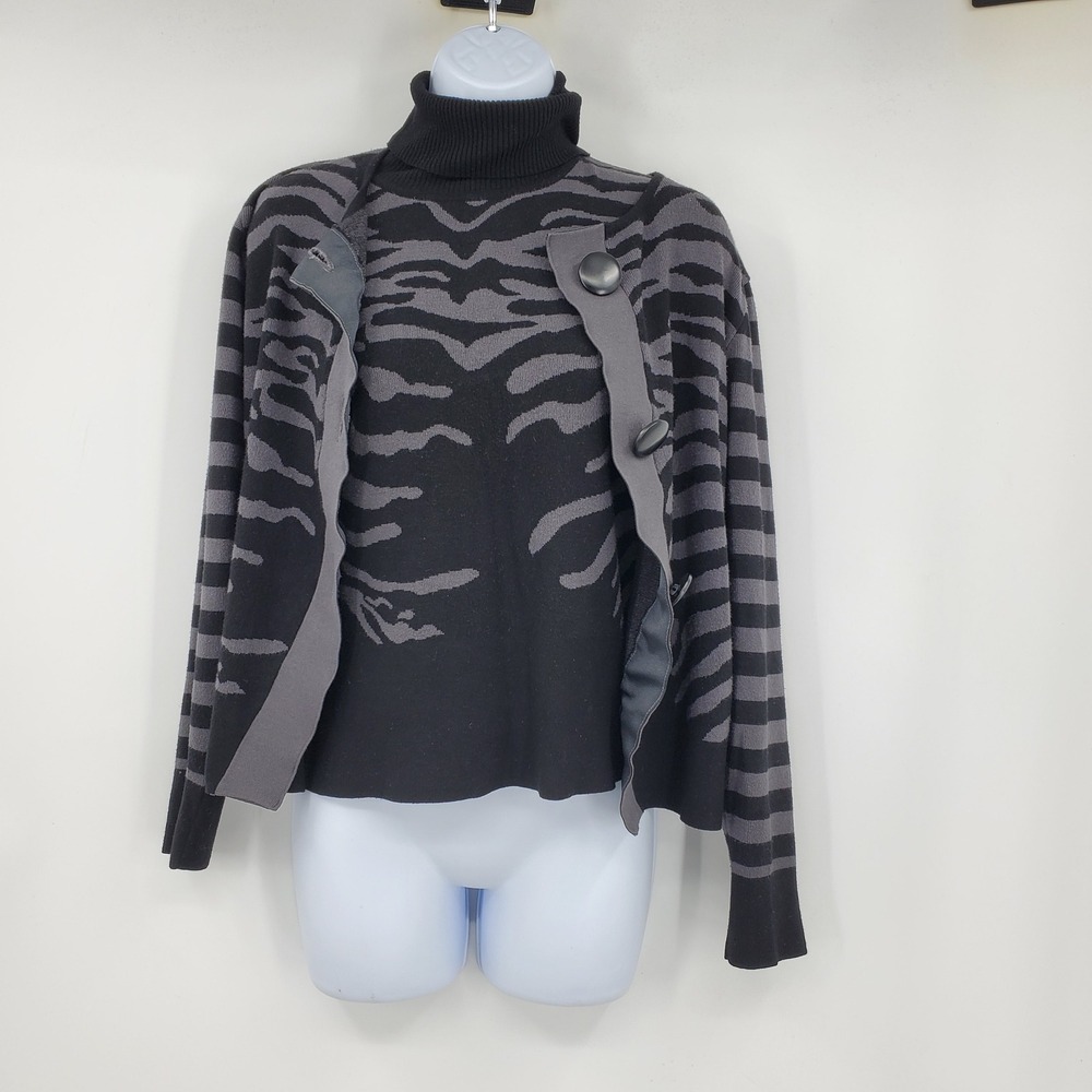 Michael Simon Zebra Stripe Twinset Cardigan Turtleneck Black Grey M